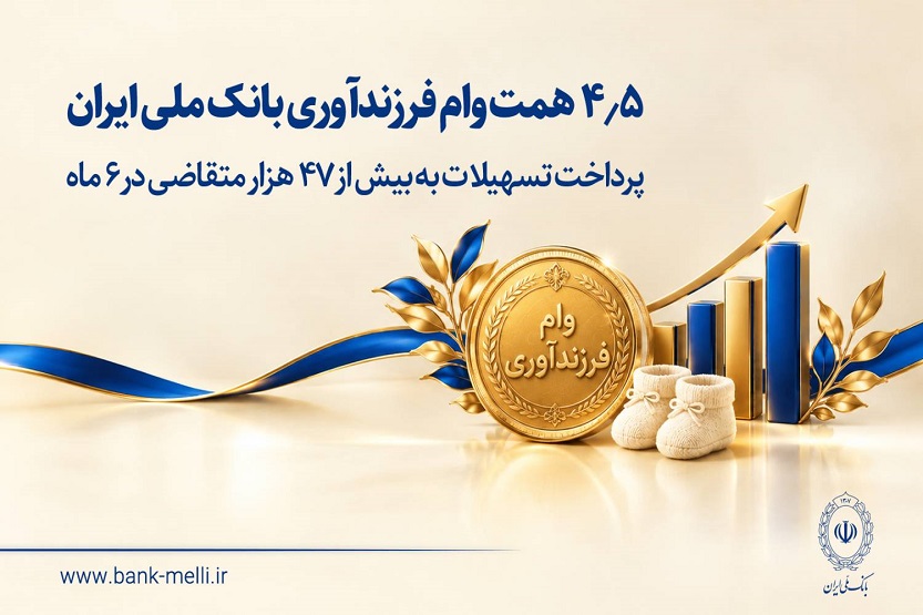 ۴.۵ همت وام فرزندآوری بانک ملی؛ پرداخت تسهیلات به بیش از ۴۷ هزار متقاضی در ۶ ماه