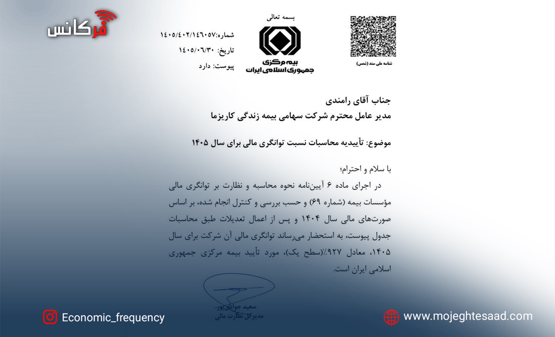 توانگری مالی ۹۲۷ درصدی بیمه زندگی کاریزما برای سال ۱۴۰۵ تأیید شد