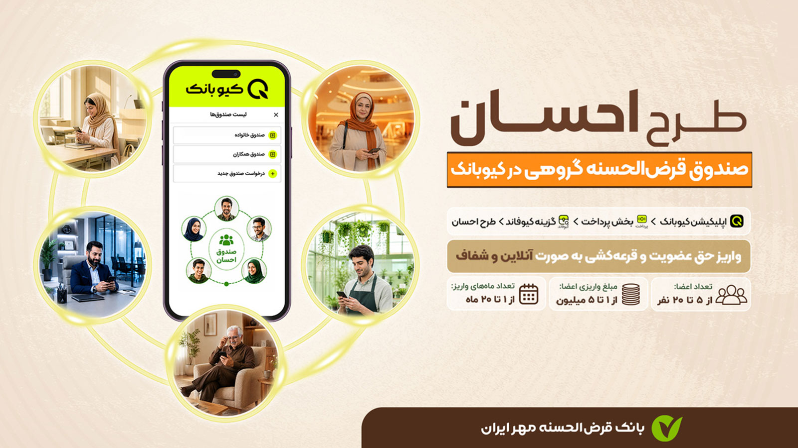 در طرح «احسان» بانک مهر ایران، هر ماه یک عضو صندوق به قید قرعه تسهیلات قرض‌الحسنه دریافت می‌کند